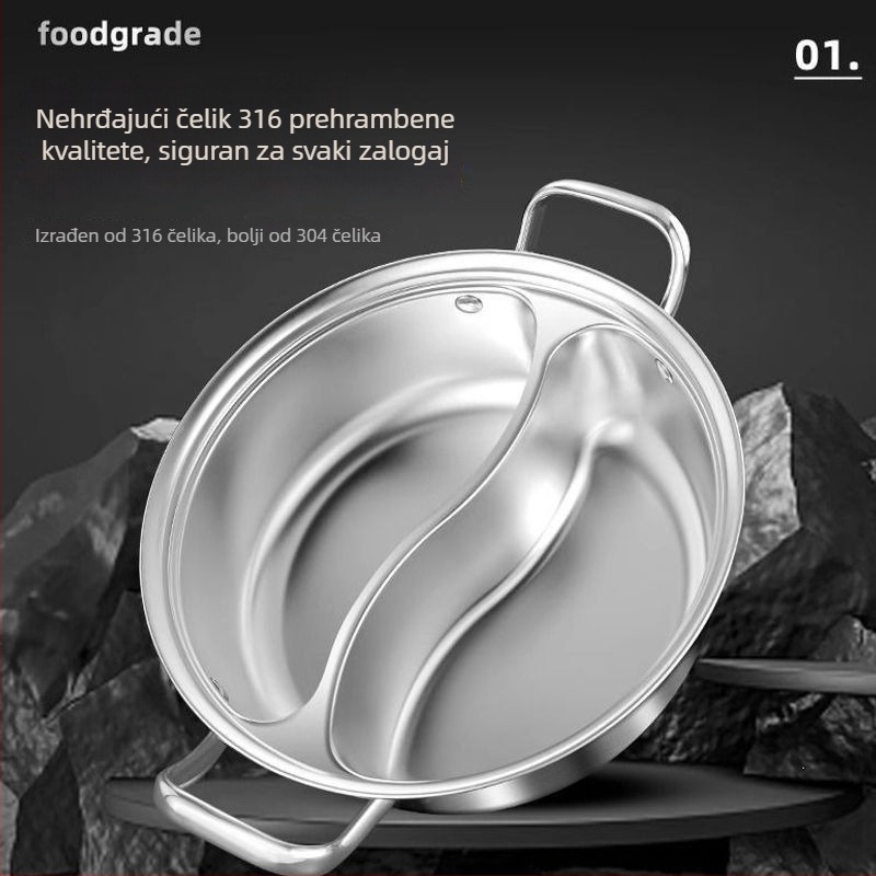 Lonac za hot pot od 316L nehrđajućeg čelika s dva odjeljka, jedinstvenog dizajna, pogodan za indukciju i plinsko kuhanje.