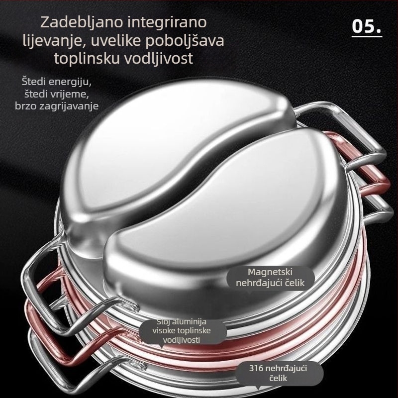 Lonac za hot pot od 316L nehrđajućeg čelika s dva odjeljka, jedinstvenog dizajna, pogodan za indukciju i plinsko kuhanje.