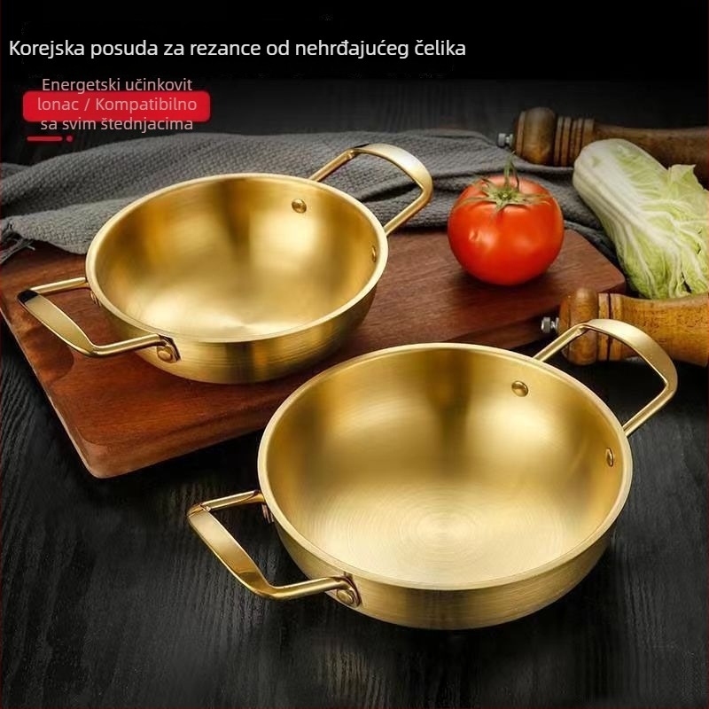 Korejska stilska posoda za morsko hrano od nerjavnega jekla s dvema ročajema, posoda za juho in ramen, zlata kuhinjska posoda za instant rezance, majhna posoda, kompatibilna z indukcijo