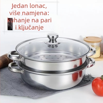 Nehrđavajući čelični lonac na paru 28 cm, debeli dvostruki sloj para, višenamjenska posuda za juhe i hot pot, kompatibilna s indukcijom, stakleni poklopac