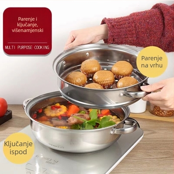 Nehrđavajući čelični lonac na paru 28 cm, debeli dvostruki sloj para, višenamjenska posuda za juhe i hot pot, kompatibilna s indukcijom, stakleni poklopac