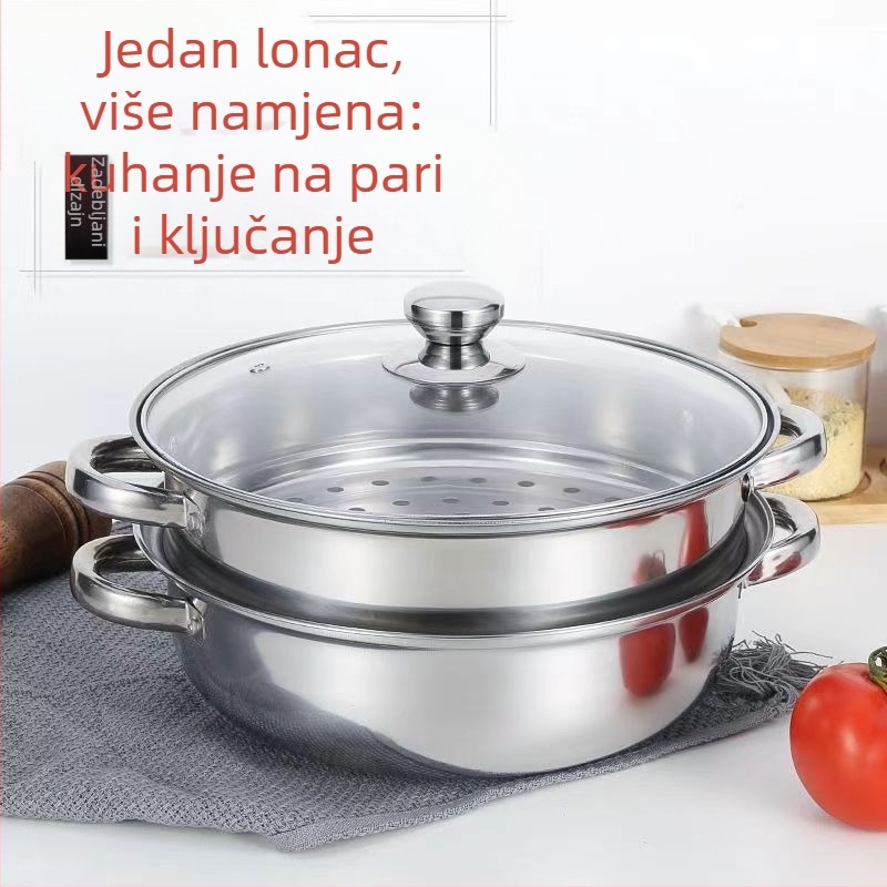 Nehrđavajući čelični lonac na paru 28 cm, debeli dvostruki sloj para, višenamjenska posuda za juhe i hot pot, kompatibilna s indukcijom, stakleni poklopac