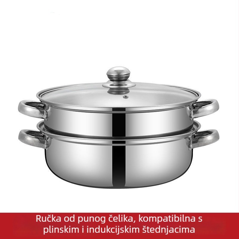 Nehrđavajući čelični lonac na paru 28 cm, debeli dvostruki sloj para, višenamjenska posuda za juhe i hot pot, kompatibilna s indukcijom, stakleni poklopac