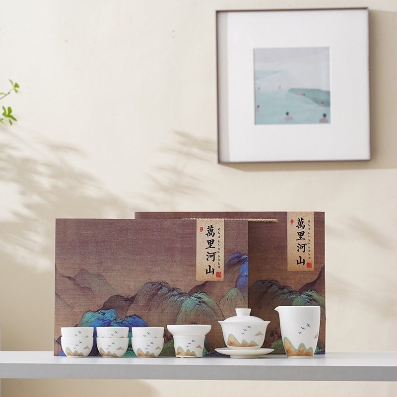 Set čajnih posuda od bijelog nefrita za šest osoba, kung fu stil, retro poklon kutija