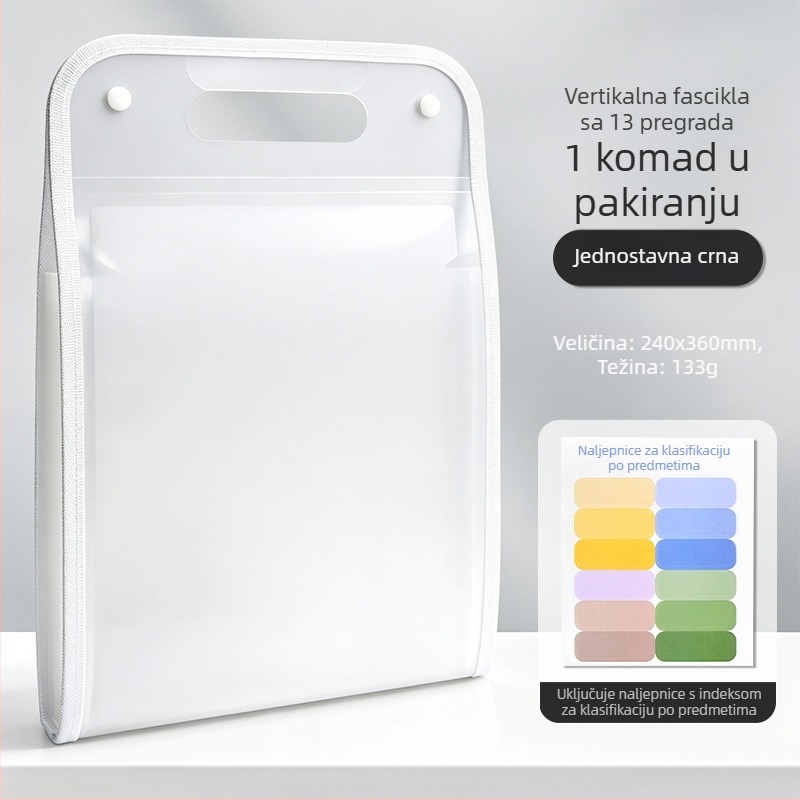 Prijenosna akordeon-fajl torbica za učenike i uredske dokumente, 13 pretinaca, veličina 240×360 mm, PP materijal