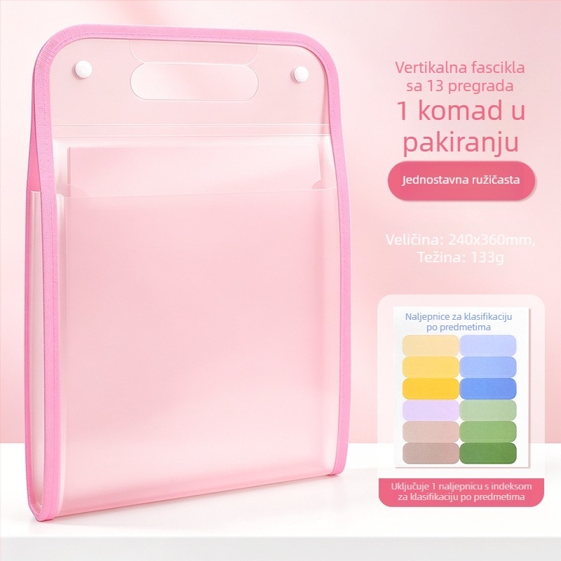Prijenosna akordeon-fajl torbica za učenike i uredske dokumente, 13 pretinaca, veličina 240×360 mm, PP materijal