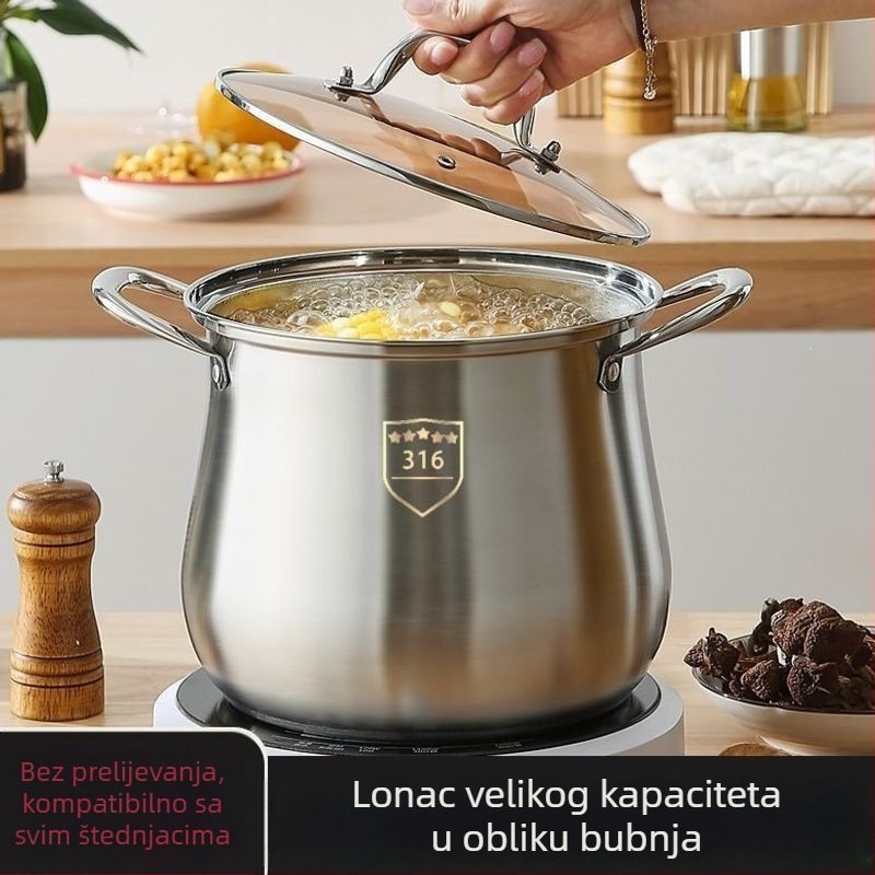 Lonac od nehrđajućeg čelika 316, debelo dno, velika kapaciteta 4,1–5 L za kuhanje kaše i kuhanje na pari, pogodan za indukciju i plinsku ploču.