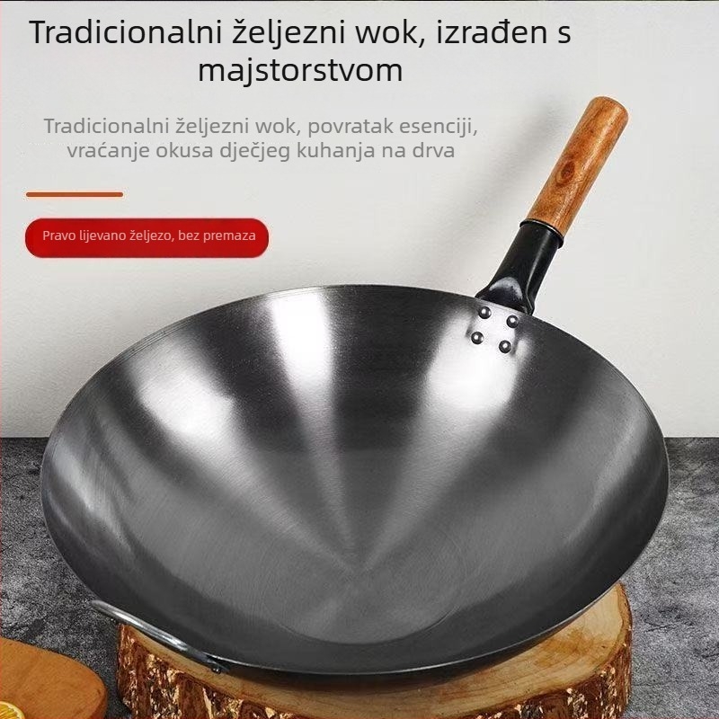 Tradicionalni wok s jednim drškom od kovanog željeza, bez premaza, velik za žestoko prženje, okruglo dno, pogodan za plinsku ploču
