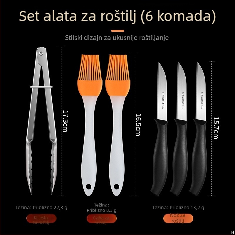 Set za vanjski roštilj: silikonska četka za mazanje, kliješta za steak i kopče za meso
