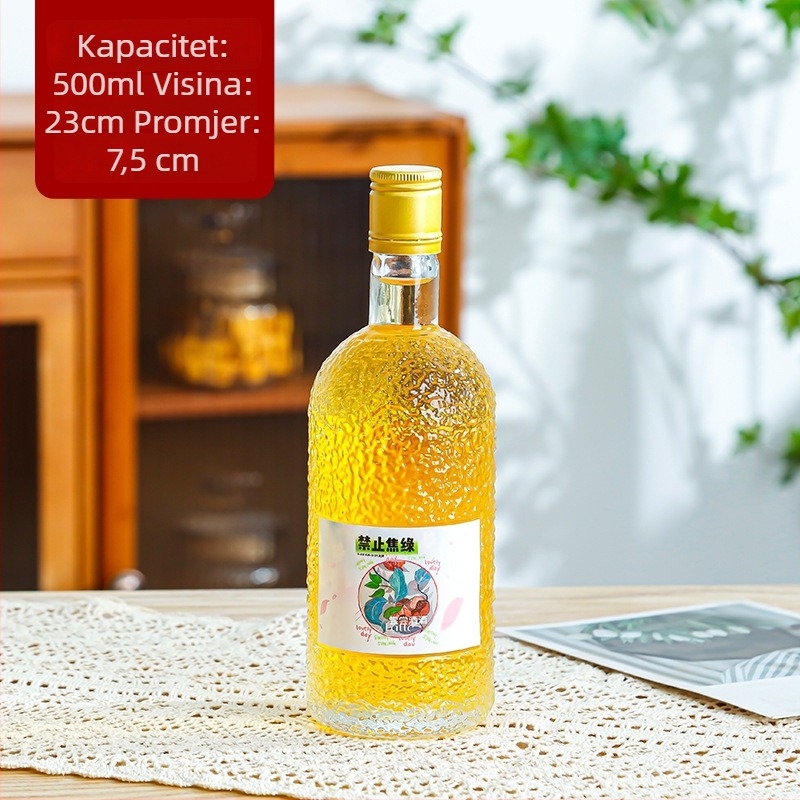 Prozirne staklene boce za voćno vino, s debelim zatvaračem i teksturiranom površinom, prazne boce za likere i napitke