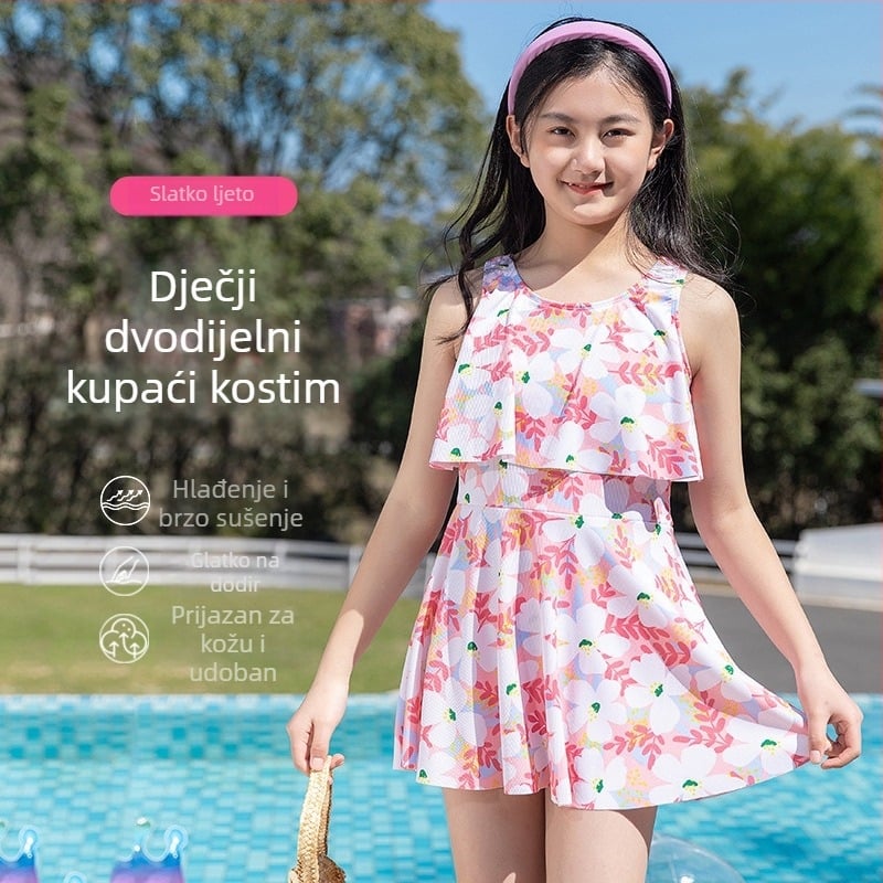 Dječji dvodijelni kupaći kostim s pokrivenošću, prozračan, koži prijateljski, udoban, sladak i simpatičan, trening kupaći za djevojčice, kratki rukavi