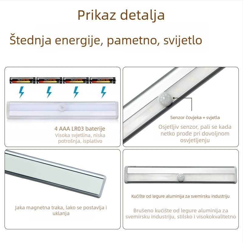 Bežično LED svjetlo s detektorom pokreta, infracrveni senzor, osvjetljenje ormarića, uključuje se na približavanje, za stepenice i hodnik