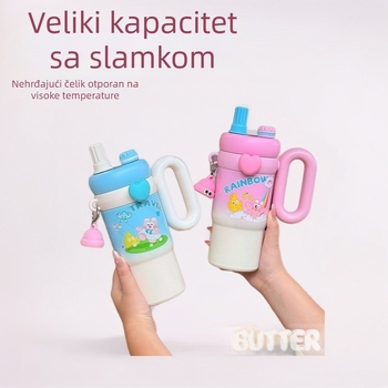 Termos šalica u cartoon stilu za djevojke, velika kapaciteta, slamka i ručka, prijenosna