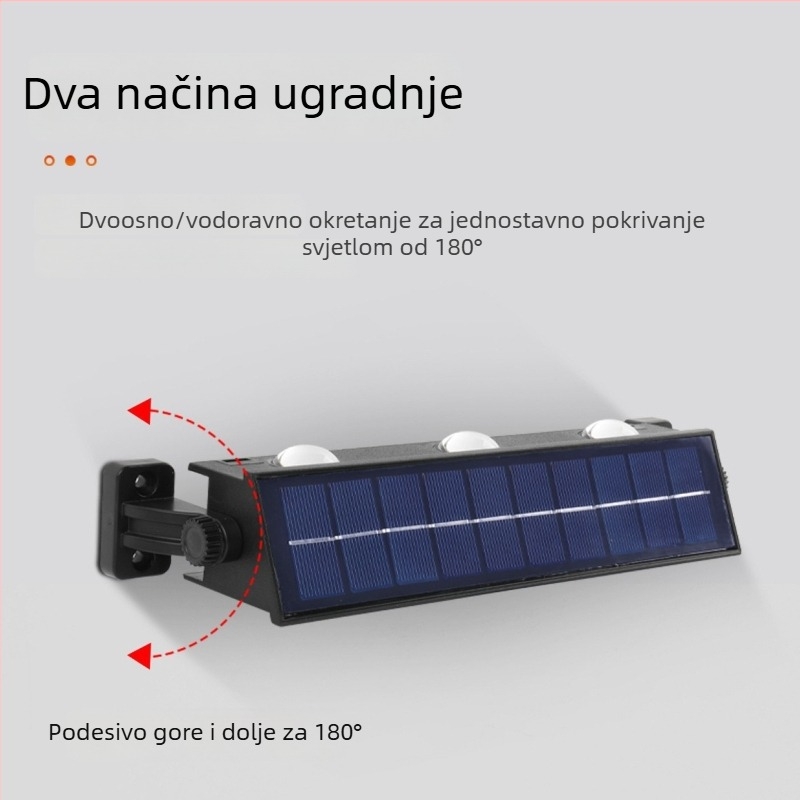 Solarna kutna vanjska zidna svjetiljka s efektom pranja zida, IP65 vodootporna, plastično kućište, topla bijela 3000K, LED diode 2/4/6/8/10.