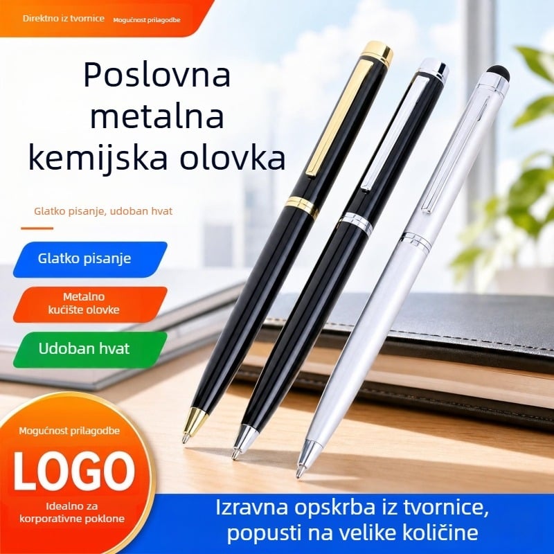 Crni metalni kuglični olovka s okretanjem, nehrđajući čelik, uljna tinta, reklamna i za učenje pisanja