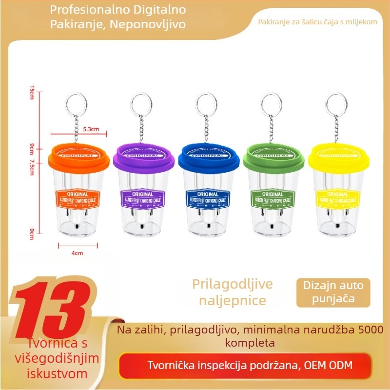 Kristalna kutija za pakiranje 3C elektronike: kabel za podatke, žične slušalice, kuka, čašica mliječenog čaja, epruveta i punič s tri pina