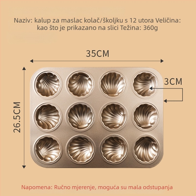 Neprijanjajuća forma za madeleine s 12 udubljenja, školjkastog oblika, od karbonskog čelika, za male kolače