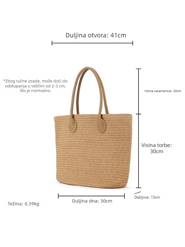 Torba za rame od papirnog užeta, pletena, euroameričkog stila, modern minimalistički dizajn, pogodna za putovanja i plažu.