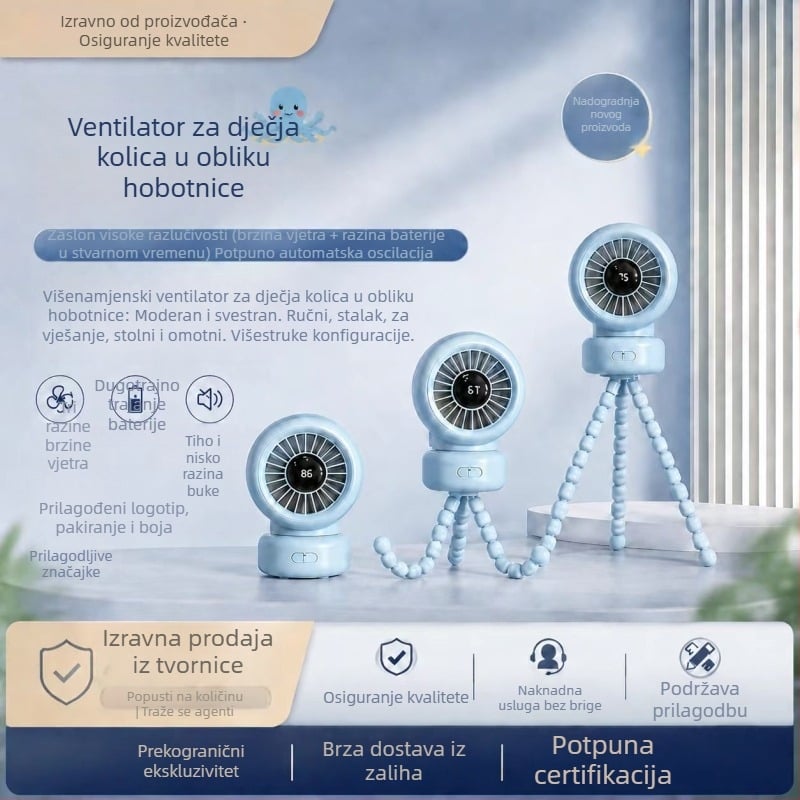 2026. novi model octopus ventilator za kolicu za bebe, USB, oscilirajući, prijenosni stolni ventilator za kampiranje na otvorenom