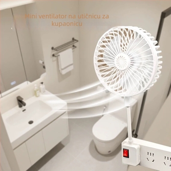 Kompaktni stolni ventilator s tri utičnice i zaštitnim poklopcem, pogodan za kuhinju i kupaonu.