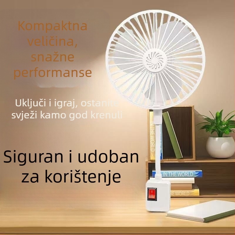 Kompaktni stolni ventilator s tri utičnice i zaštitnim poklopcem, pogodan za kuhinju i kupaonu.