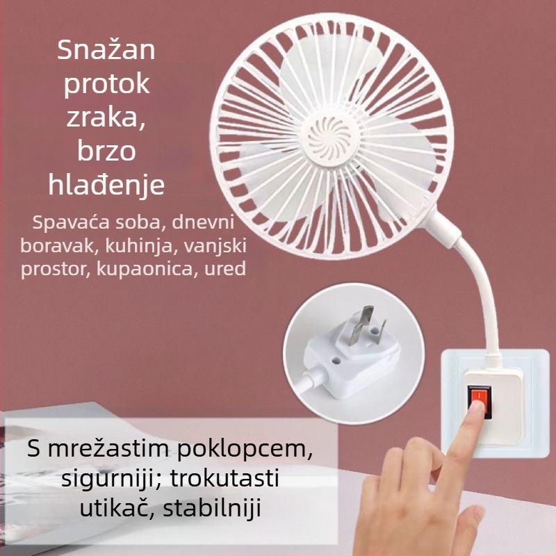 Kompaktni stolni ventilator s tri utičnice i zaštitnim poklopcem, pogodan za kuhinju i kupaonu.