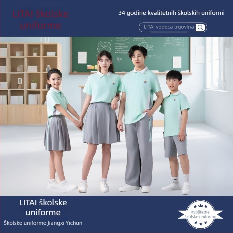 Litai proljetno-ljetna školska uniforma za osnovnu i srednju školu, unisex, opušten kroj, top i hlače, kratki rukavi, jednoredno kopčanje, pamuk 50–70%