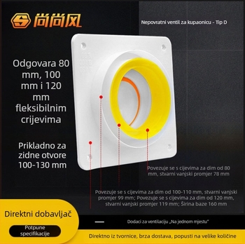 Kupaonski ventilator s vratnim ventilom i sprječavanjem povratnog protoka, 80 mm crijevo i 100 mm ispušna cijev