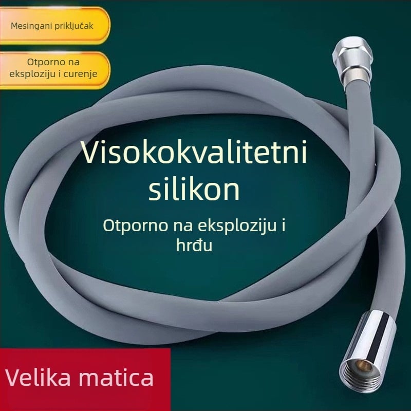 Silikonski tuš šip s visokim tlakom, univerzalni priključak, duljina 1,5–2 m, veliki promjer, mesingska glava, izlazna cijev za kupaonski grijač