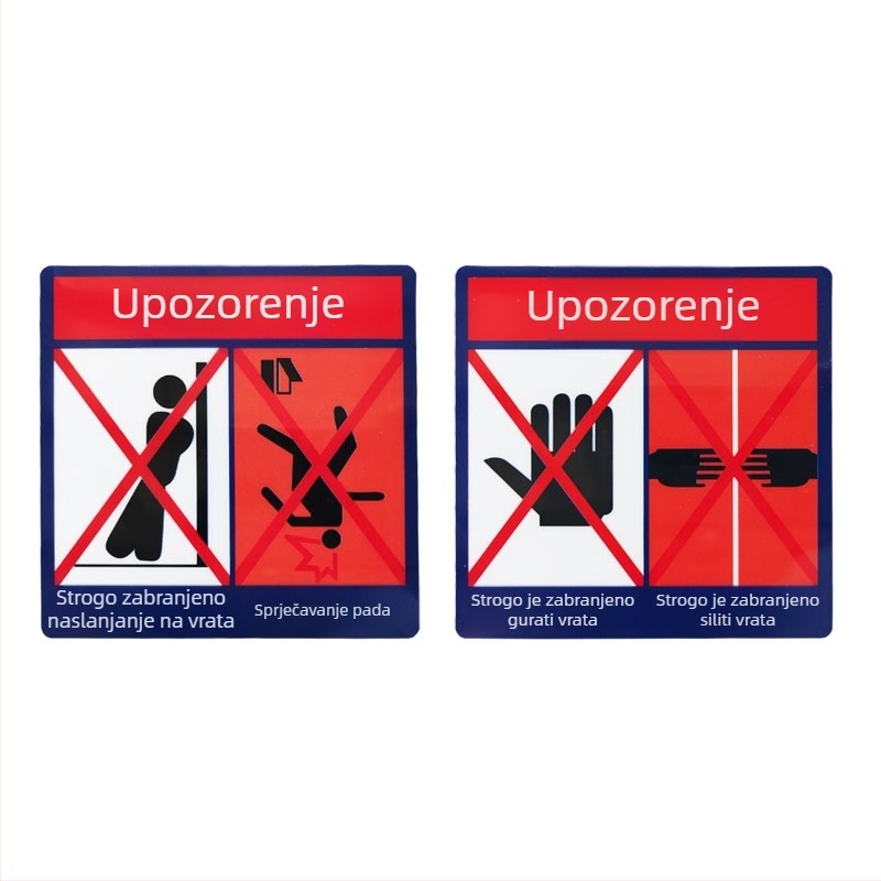 Sigurnosni znak lifta: Ne naslanjajte se na vrata; Ne gurajte vrata; Opasnost od stiskanja prstiju. Samoljepljiva naljepnica.