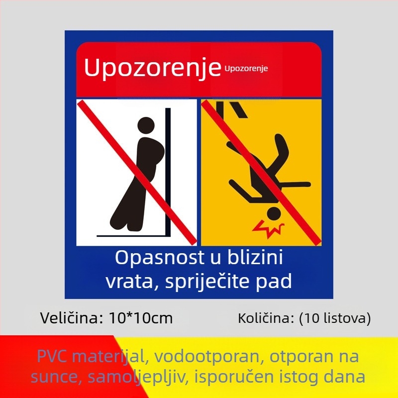 Sigurnosni znak lifta: Ne naslanjajte se na vrata; Ne gurajte vrata; Opasnost od stiskanja prstiju. Samoljepljiva naljepnica.