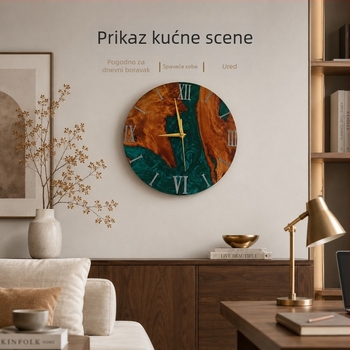 Zidni sat s dojmom suptilnog luksuza, kreativna pijesak-tekuća umjetnost, drvo i smola, za dnevni boravak ili spavaću sobu