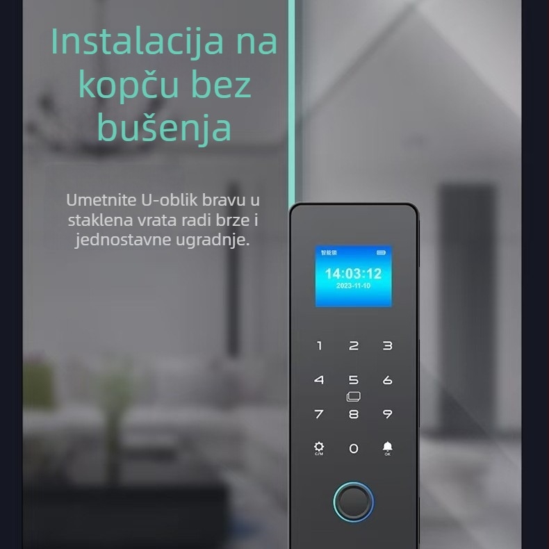 Pametna brava za staklena vrata s otiskom prsta i lozinkom, bez bušenja, s okvirom ili bez okvira, za jednostruka ili dvostruka vrata