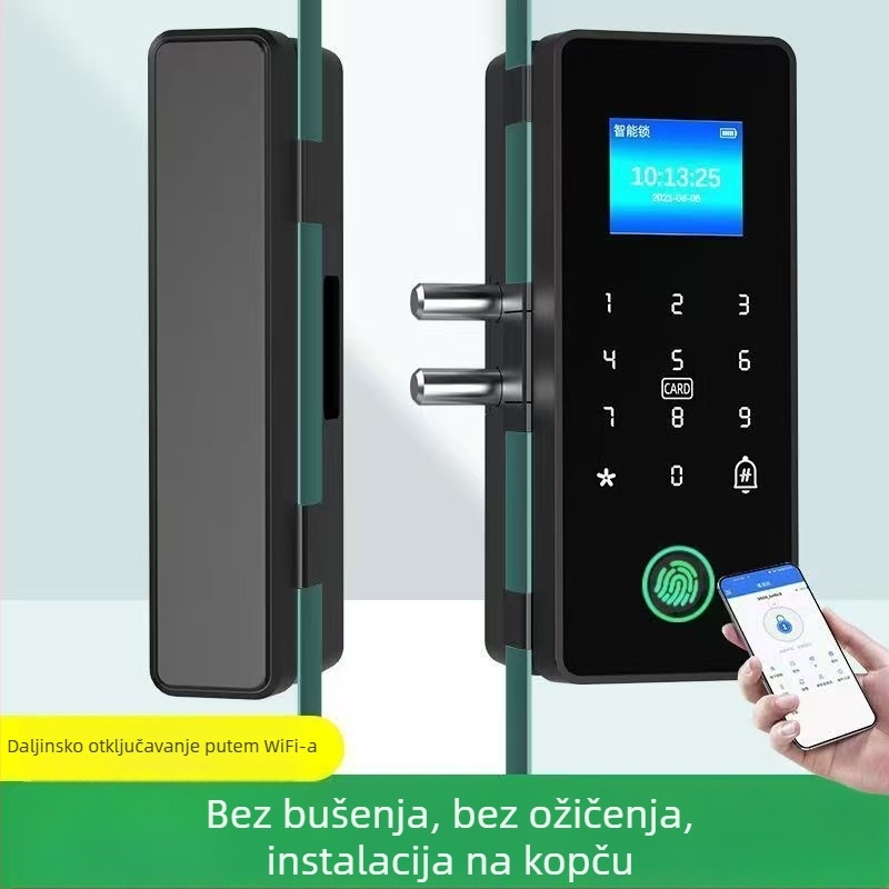 Pametna brava za staklena vrata s otiskom prsta i lozinkom, bez bušenja, s okvirom ili bez okvira, za jednostruka ili dvostruka vrata