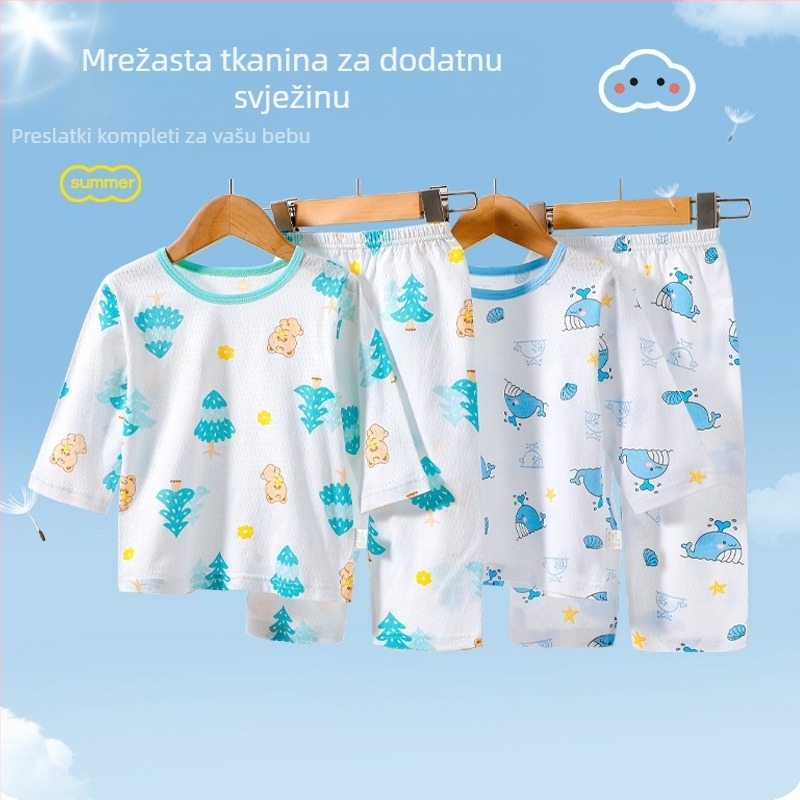 Ljetni dječji pidžama set od pamuka, prozračne mrežaste tkanine, dugih rukava i dugih hlaća, unisex