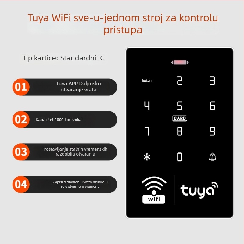 Sistem kontrole pristupa za staklena vrata s daljinskim otključavanjem putem mobilne aplikacije, RFID karticom i lozinkom