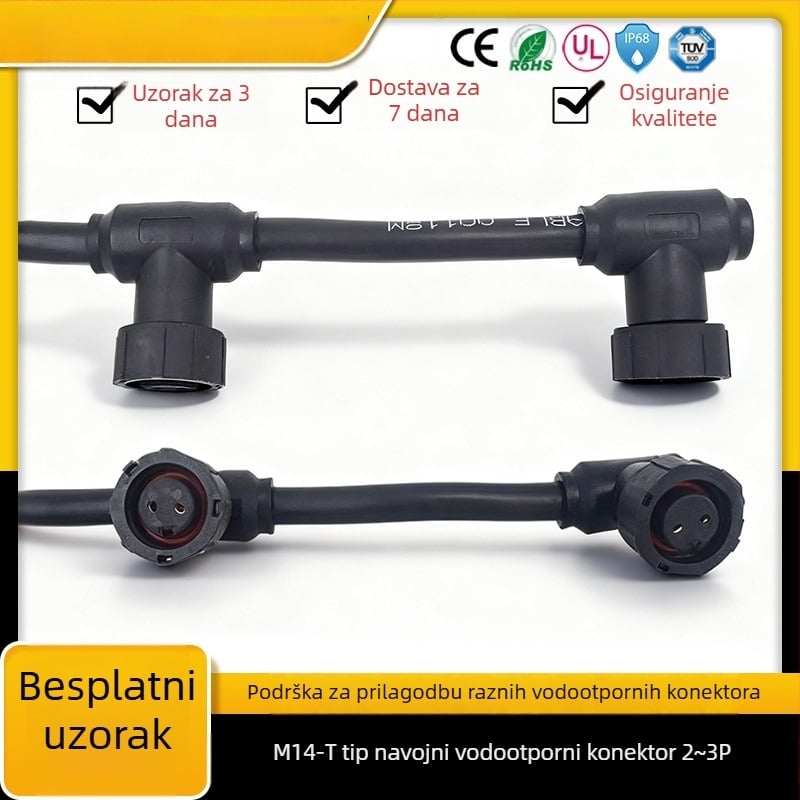 M14 navojni T-oblik konektor, bakreno jezgro 2P3P, modul lampe za biljke, muški i ženski, višezglobni modul, vodootporan spojni kabel