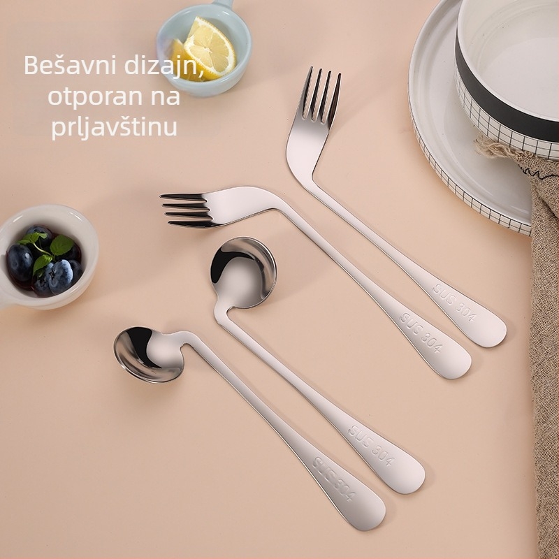 Vilica i žlica od 304 nehrđajućeg čelika za starije osobe s hemiplegijom, zakrivljen dizajn za pomoć pri jedenju, otporan na trzanje, debeo set za kućnu upotrebu
