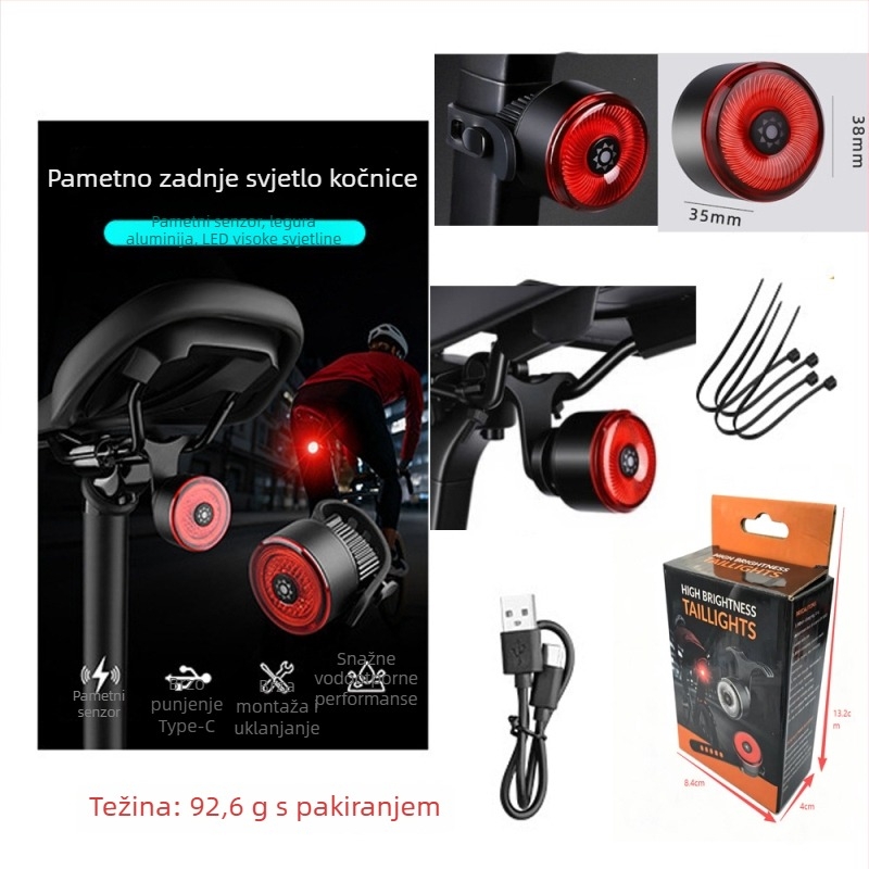 Svjetlo za bicikl od aluminijskog legura, inteligentna zadnja svjetiljka za kočenje sa senzorom, svjetlo za vožnju, dvostruki aluminijski nosač