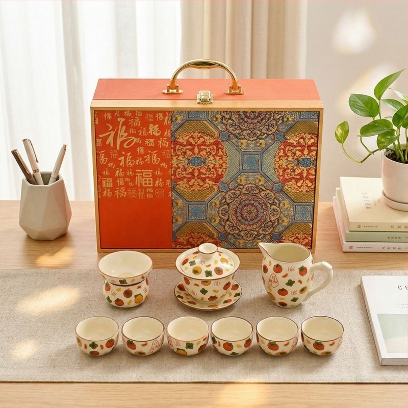 Čajni set u kineskom stilu, kulturno‑kreativan, komplet keramički Ru kiln bež Gongfu čajnik, poslovni poklon