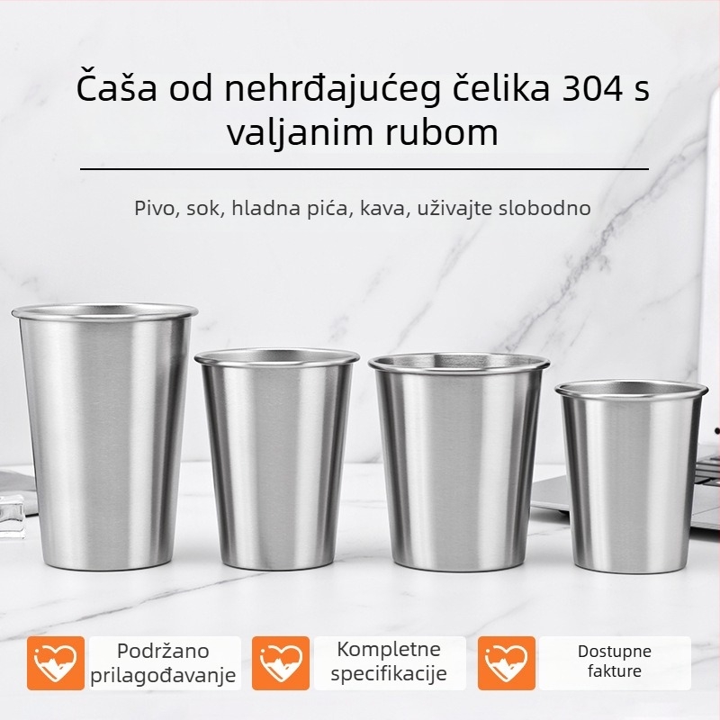 Pohar od nehrđajućeg čelika 304, s pregibom ruba, jednoslojna, otvoreni vrh, za hladna pića, kavu i pivo, prijenosna