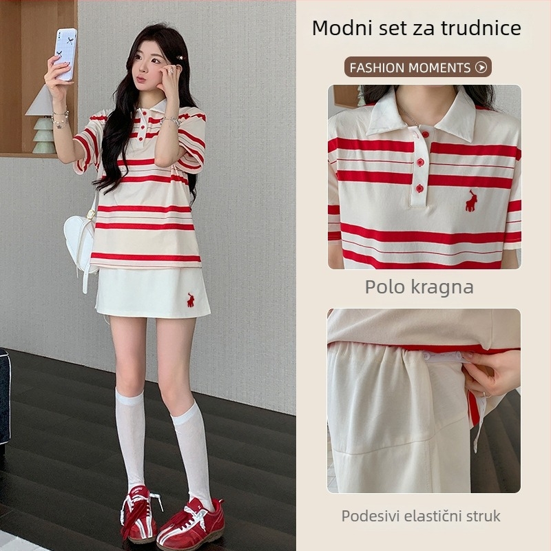 Set trudničke suknje i hlača, ljeto, 2-djelni, polo ovratnik, casual sportski stil, izšivena suknja i hlače, podesivi