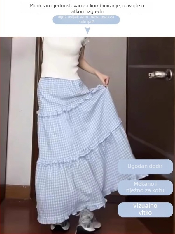 Ženska plava karirana midi suknja, visoki pas, svestrana, svježa i nježna