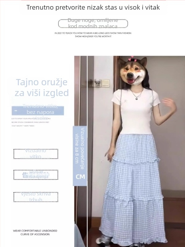 Ženska plava karirana midi suknja, visoki pas, svestrana, svježa i nježna