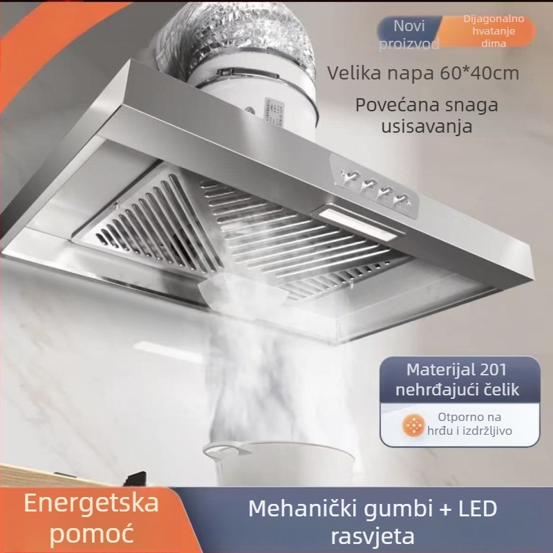 Kuhinjski ventilator od nerđajućeg čelika sa osvjetljenjem, gumbom za pritisak, snažan usis, namijenjen za najam stanova, jednostavan dizajn