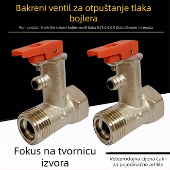Bakrena sigurnosna ventila za bojler, 1/2-inčni priključak, ventil za oslobađanje tlaka i odvodni ventil za električne i solarne bojlere