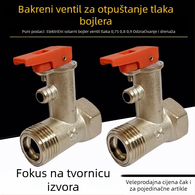 Bakrena sigurnosna ventila za bojler, 1/2-inčni priključak, ventil za oslobađanje tlaka i odvodni ventil za električne i solarne bojlere