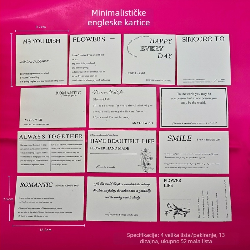 Kartica ljubavnih riječi, minimalistički književni stil, engleska kartica, dekorativna kartica s buketom cvijeća u Instagram stilu, kvadratna bijela kartica.