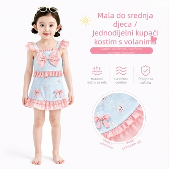 Dvodijelni kupaći za djevojčice s printom zeca na točkice, mašnicom, volantnim rukavima i naboranom suknjom
