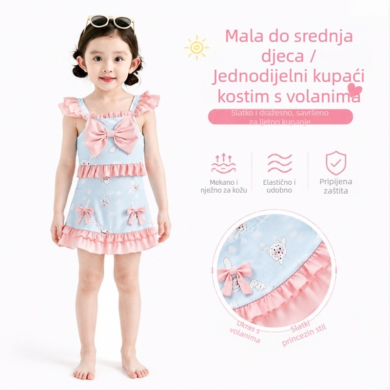 Dvodijelni kupaći za djevojčice s printom zeca na točkice, mašnicom, volantnim rukavima i naboranom suknjom